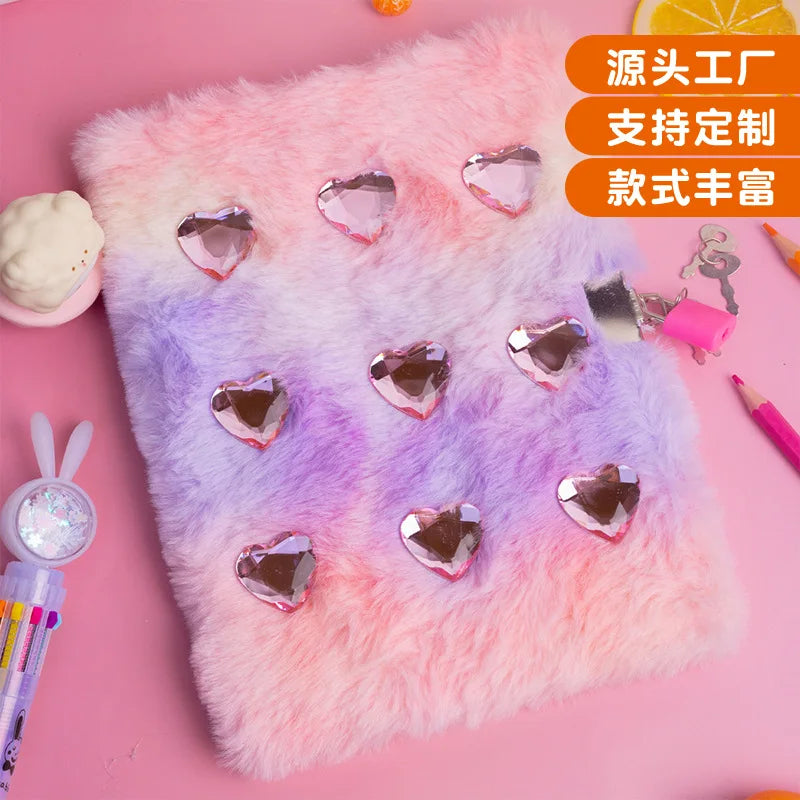 Creative A5 Student Notebook 9 Diamond Lockable Ins Gradient Hardcover Thermal Bound Creative Cartoon Plush Fabric High-Value