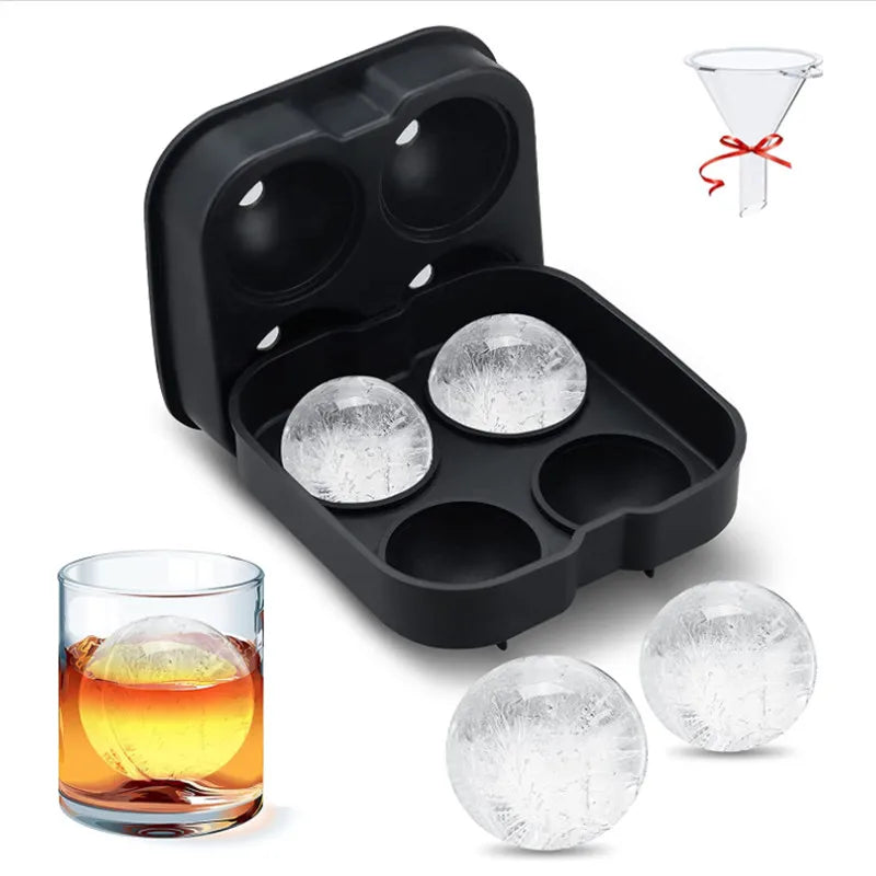 Food Grade Silicone 4 Cavity Ice Ball Maker Silicone Round Ice Sphere Cube Tray Mold with Lid for Making Ice Ball