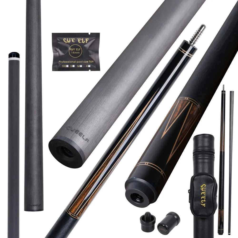 Cueelf Carbon Fiber Pool Cue Ebony with Bocote Wood Lizard Skin Grip Billiard Cue 12.5mm Carbon Cue