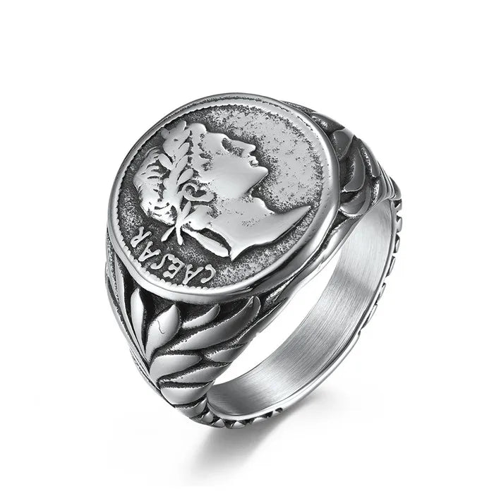 Retro Style Stainless Steel Julius Roman Empire Caesar Head Coin Signet Ring