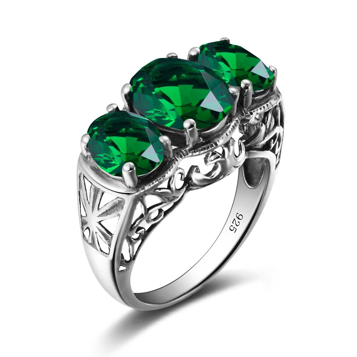 Retro Turkish Cross Pattern Palace Style Vintage Wedding 3 Stone Oval Emerald Gemstone Rings for Men Silver 925