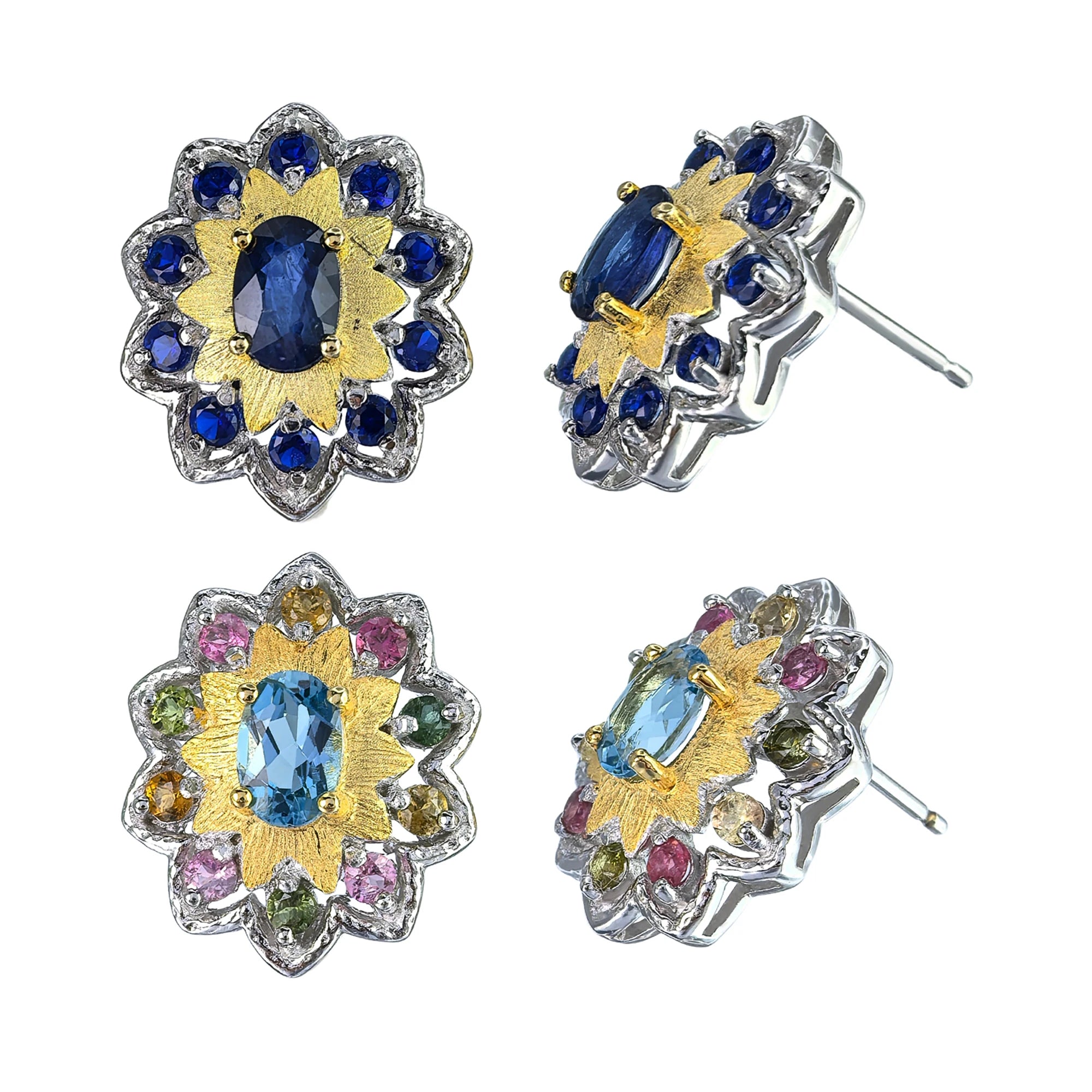 Delicate Rhodium Plated 925 Silver Jewelry Natural London Blue Topaz/Sapphire Flower Stud Earrings for Women Birthday Gift