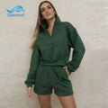 Custom Logo Women Sweatshirt Sweatsuit OEM Cotton Solid Casual Sport Ladies Half Zip Hoodies Suit Jogger 2 Piece Short Set