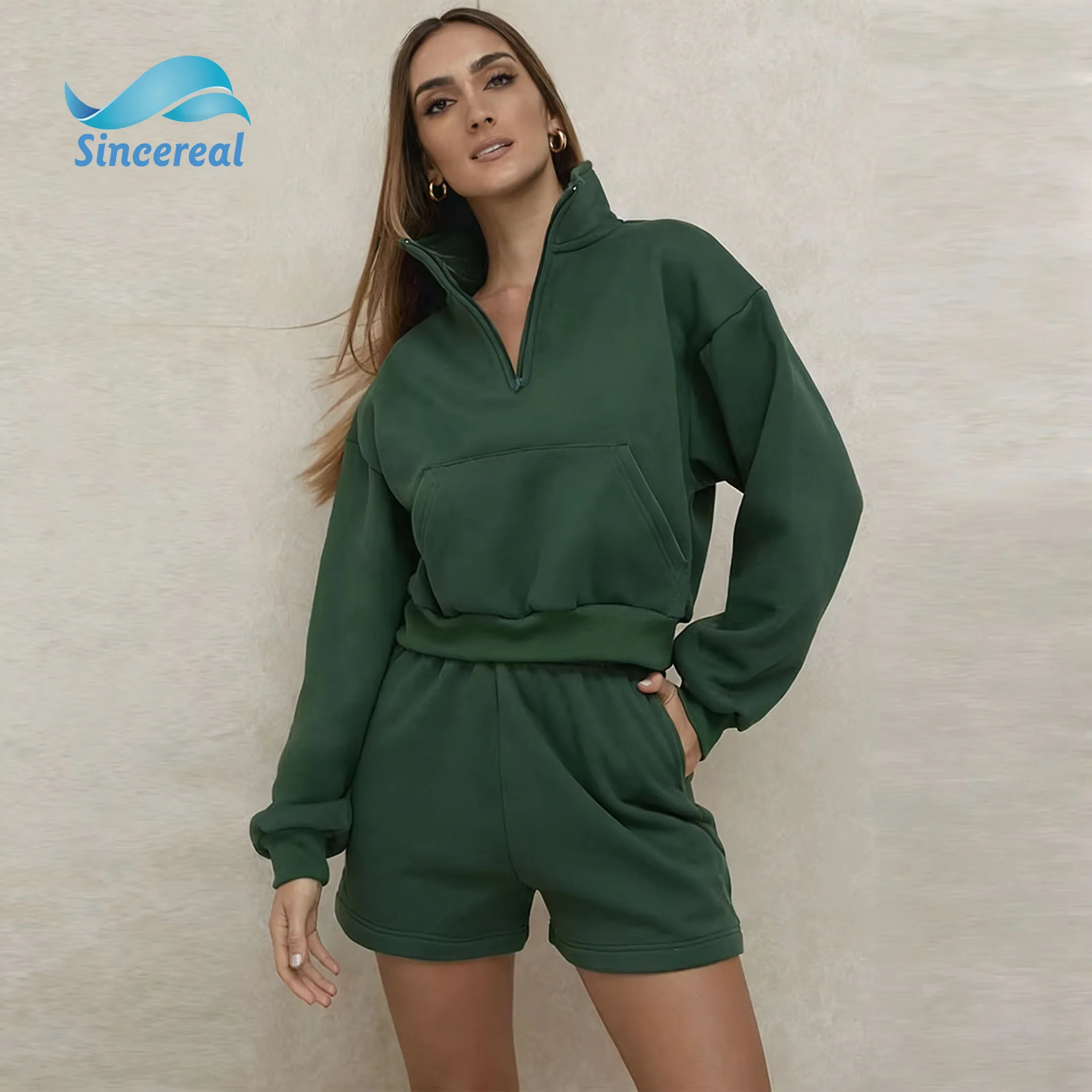 Custom Logo Women Sweatshirt Sweatsuit OEM Cotton Solid Casual Sport Ladies Half Zip Hoodies Suit Jogger 2 Piece Short Set