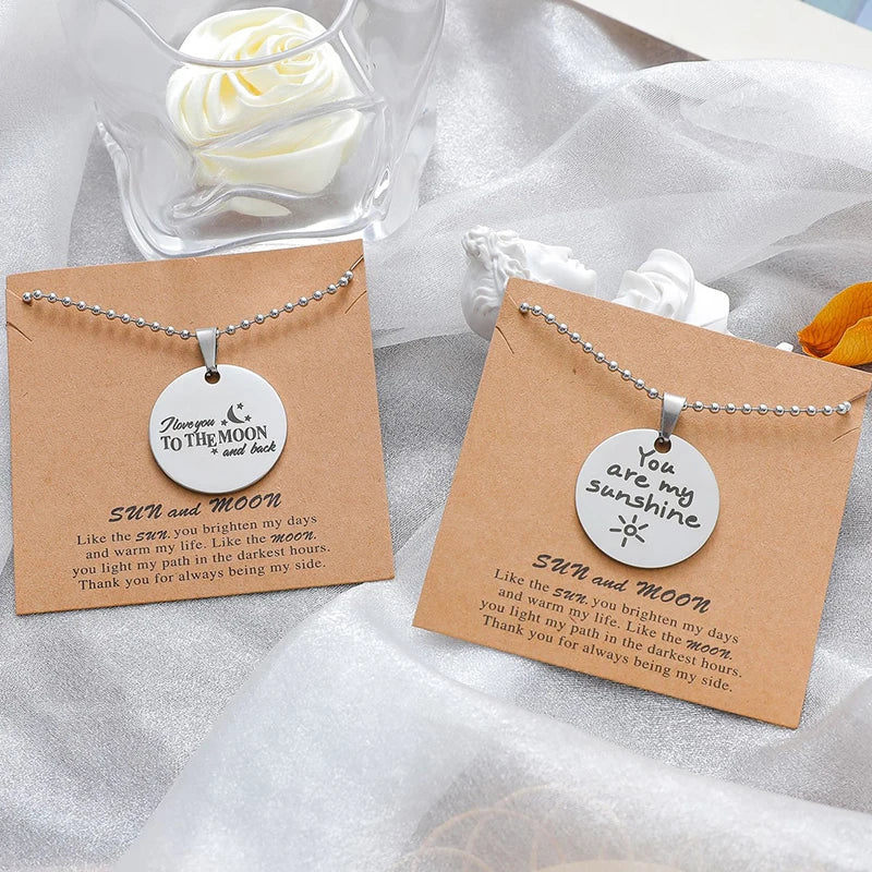 Stainless Steel Disc Pendant I Love you to the moon and back You are my sunshine Lover Couple Necklaces