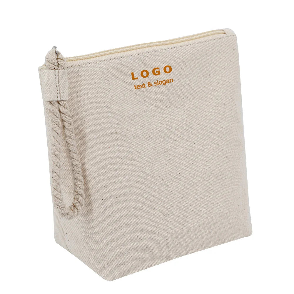 Logo Custom Natural Cotton Canvas Maquillaje Cosmetic Toiletry Bag with Rope Wrist Strip Eco Promotional Cotton Gift Zipper Bag