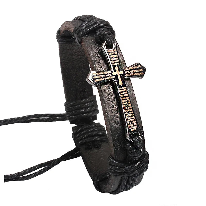 Manufacture Hot Sale Bible Scripture Cross Bracelet Jewelry Cow Leather Bracelet Cross Border Bracelet