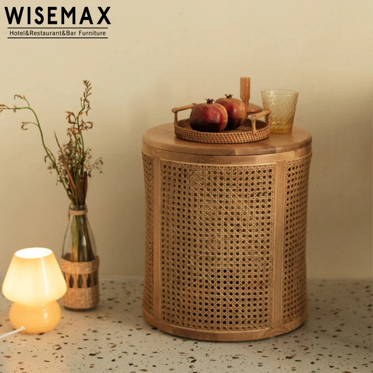 WISEMAX FURNITURE Minimalist Nordic Style Solid Wood Natural Rattan Living Room Tea Table Rattan Corner Tea Table with Storage