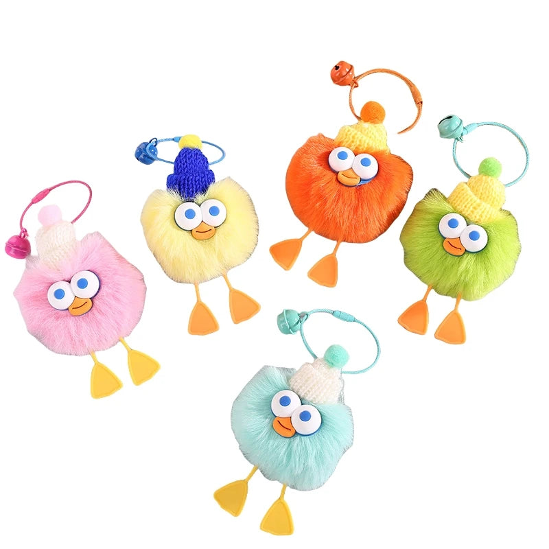 Design Fashion Faux Fur Tail Cute Plush Big Eyed Duck Keychain Girl Car Bag Phone case Charms Peluches Pompom Duckling Keychain