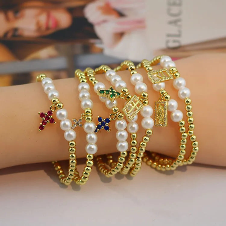 BC1509 Fashion 4mm Tiny Brass 18K Gold Bead and Pearl Beaded Bracelet with Mini CZ Cubic Zirconia Cross Charms