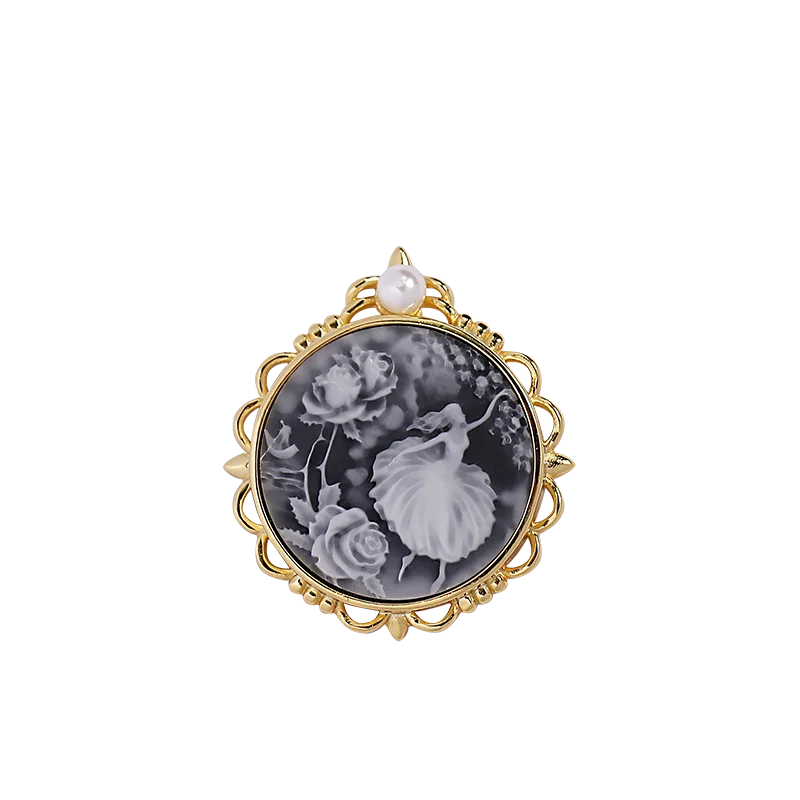 Heizun Wholesale Exquisite Black Agate Cameo 18K Gold Plated Silver Jewelry Floral Dancing Fairy Girl 925 Silver Round Pendant