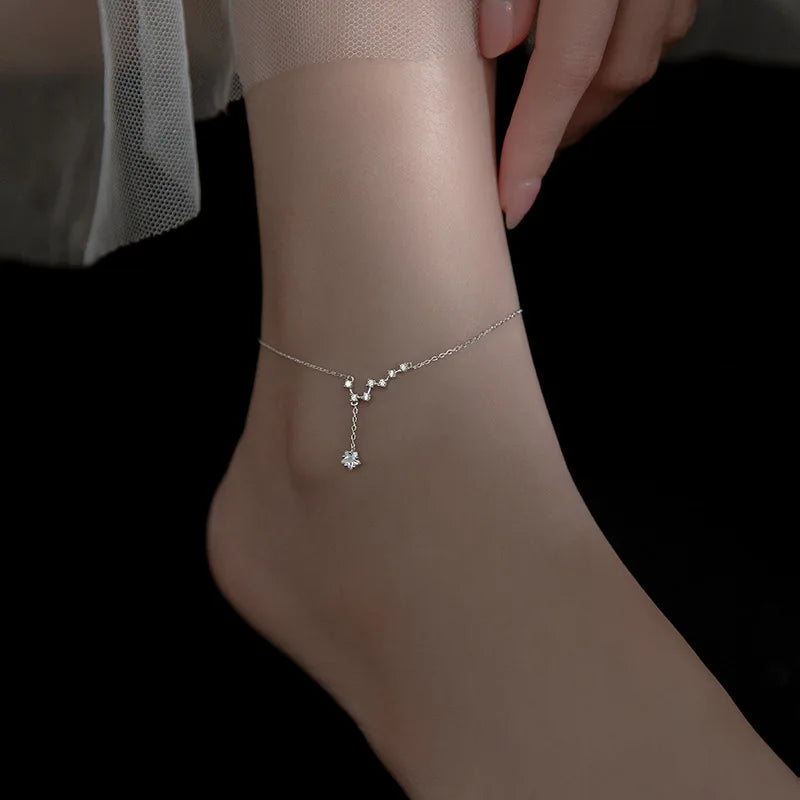 Unique Design S925 Sterling Silver Beidou Seven Star Diamond Charm Anklets for Women Summer Beach Jewelry