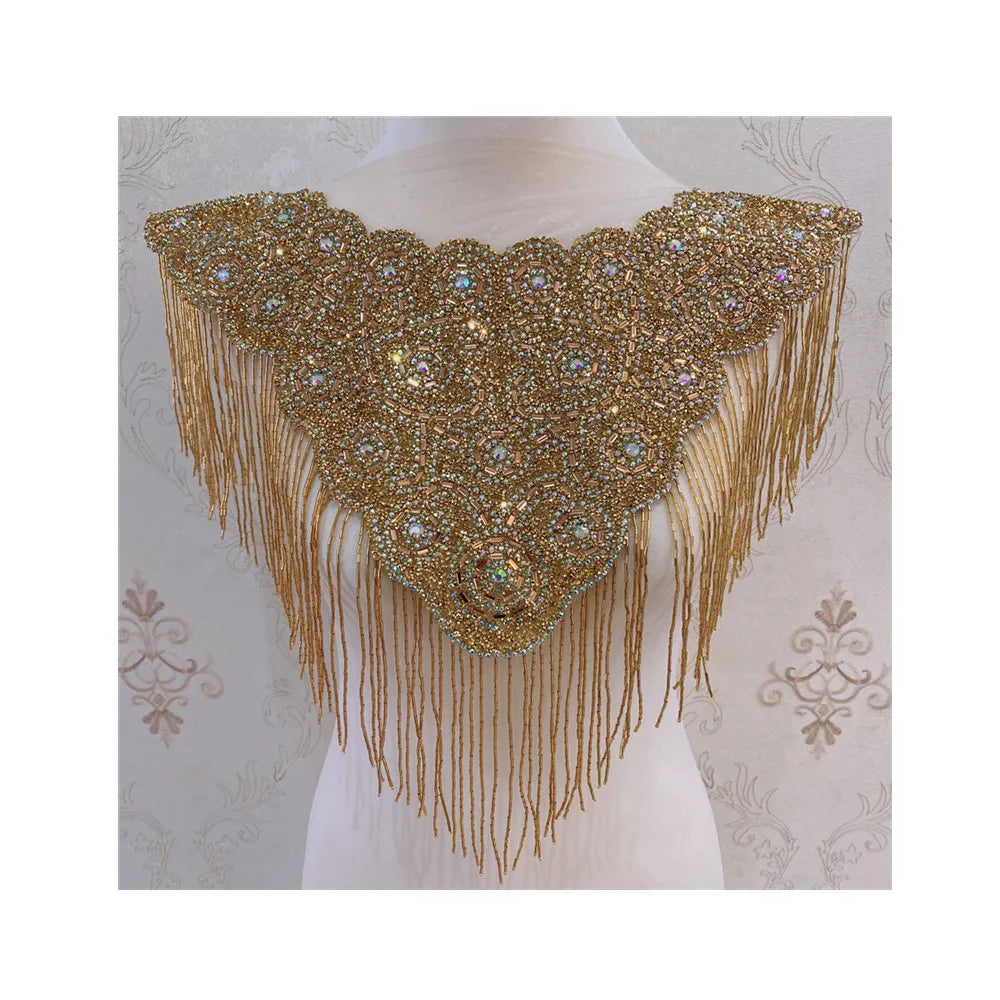 New Gold and Silver Black Craft Wedding Crystal Rhinestone Tassels Collar Necklace Patches Iron on Clothes
