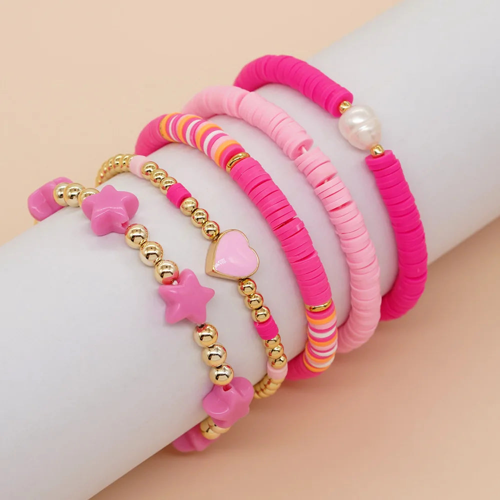 Go2boho Preppy Fashion Handmade Pink Beaded Bracelets Set Love Heart Star Charm Pulsera Boho for Women Young Great As Gifts
