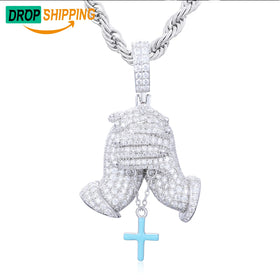 Dropshipping Bling 925 Sterling Silver Lab VVS Moissanite Diamond Iced Out Praying Hand Pendant With Enamel Cross Charm
