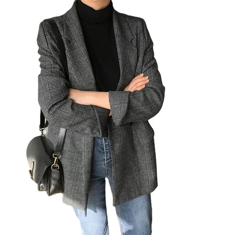 New Fall Winter Spring Women's Blazers Plaid Double Breasted Pockets Formal Jackets Checkered Outerwear Tops