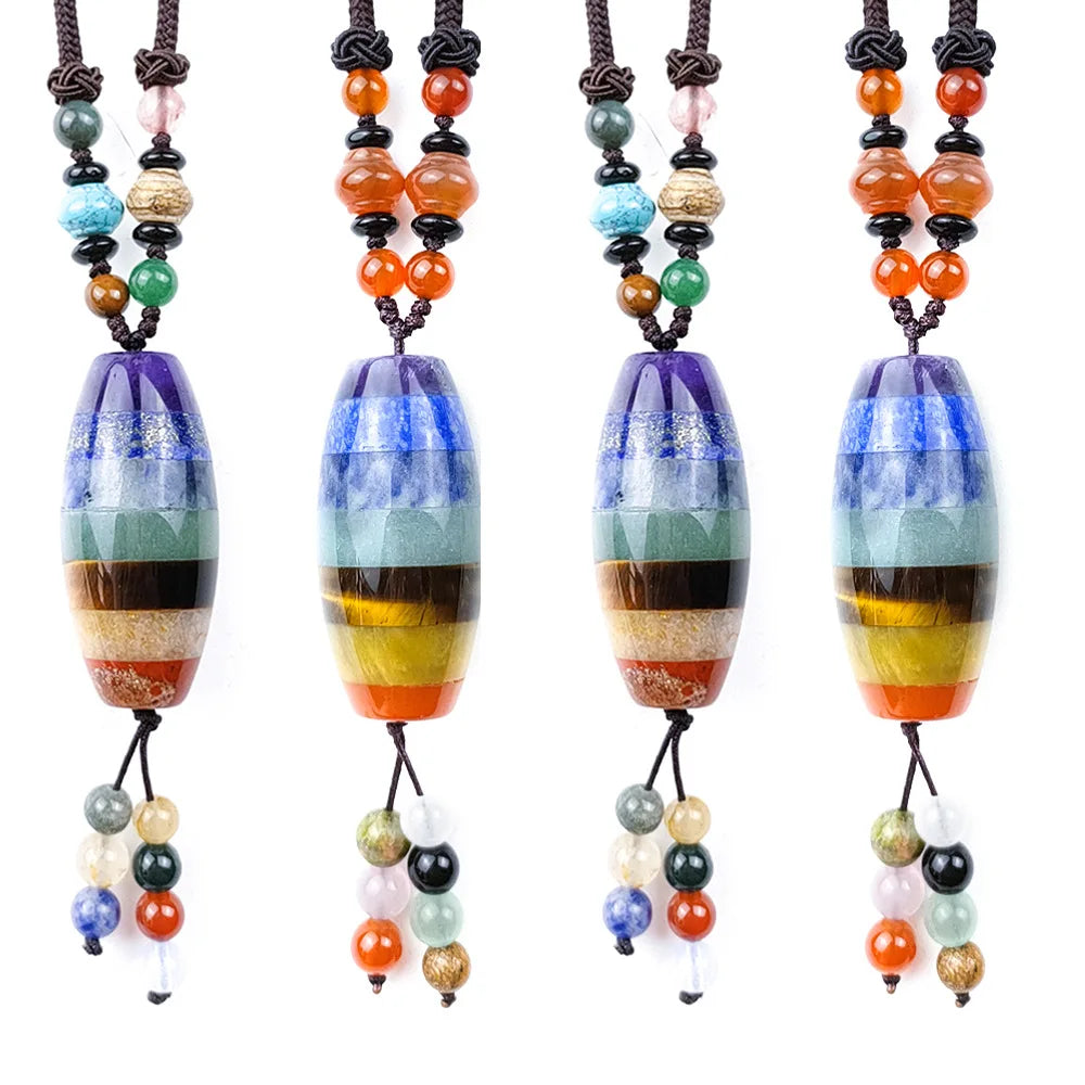 Natural 7 Chakra Crystal Gem Crescent Chakras Barrel Beads Healing Stone Pendant Women's Necklace