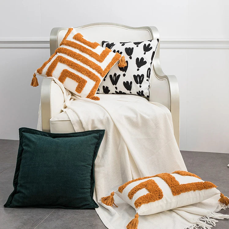Neutral Orange Tufted Throw Pillow Cover Cushion Cover With Tassel for Couch Sofa Bedroom