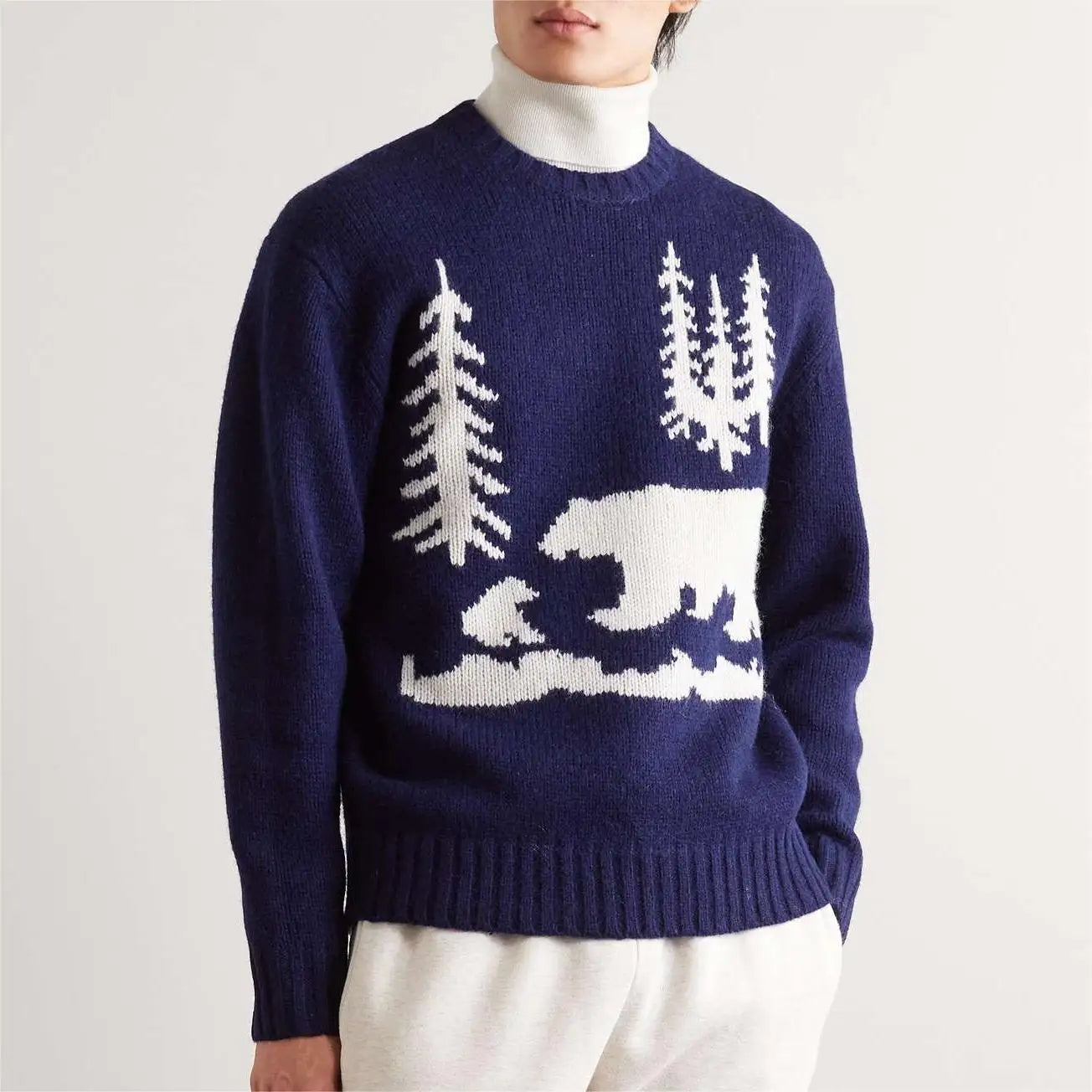 Manufacturer Custom Design Men's Knit Intarsia Pullover Jumper Ribbed Knit Alpaca Wool Cashmere Blend Jacquard Sweaters Men