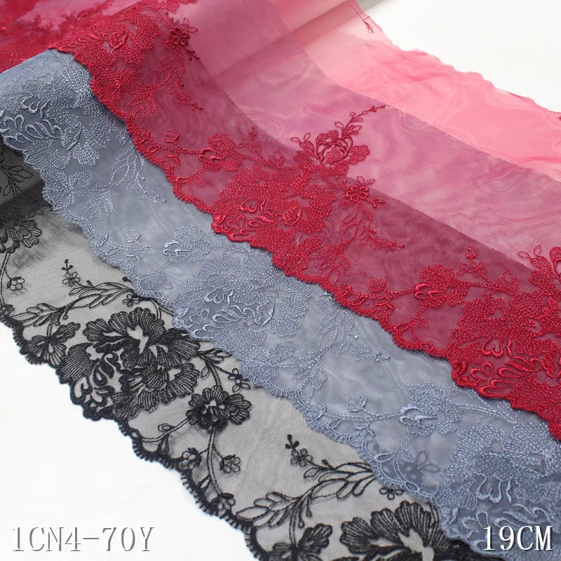 New Soft Red Black Tulle Lace Embroidery Trim Non Stretch 19cm Wide Fancy Flower Embroidered Lace Stock Lot for Dress