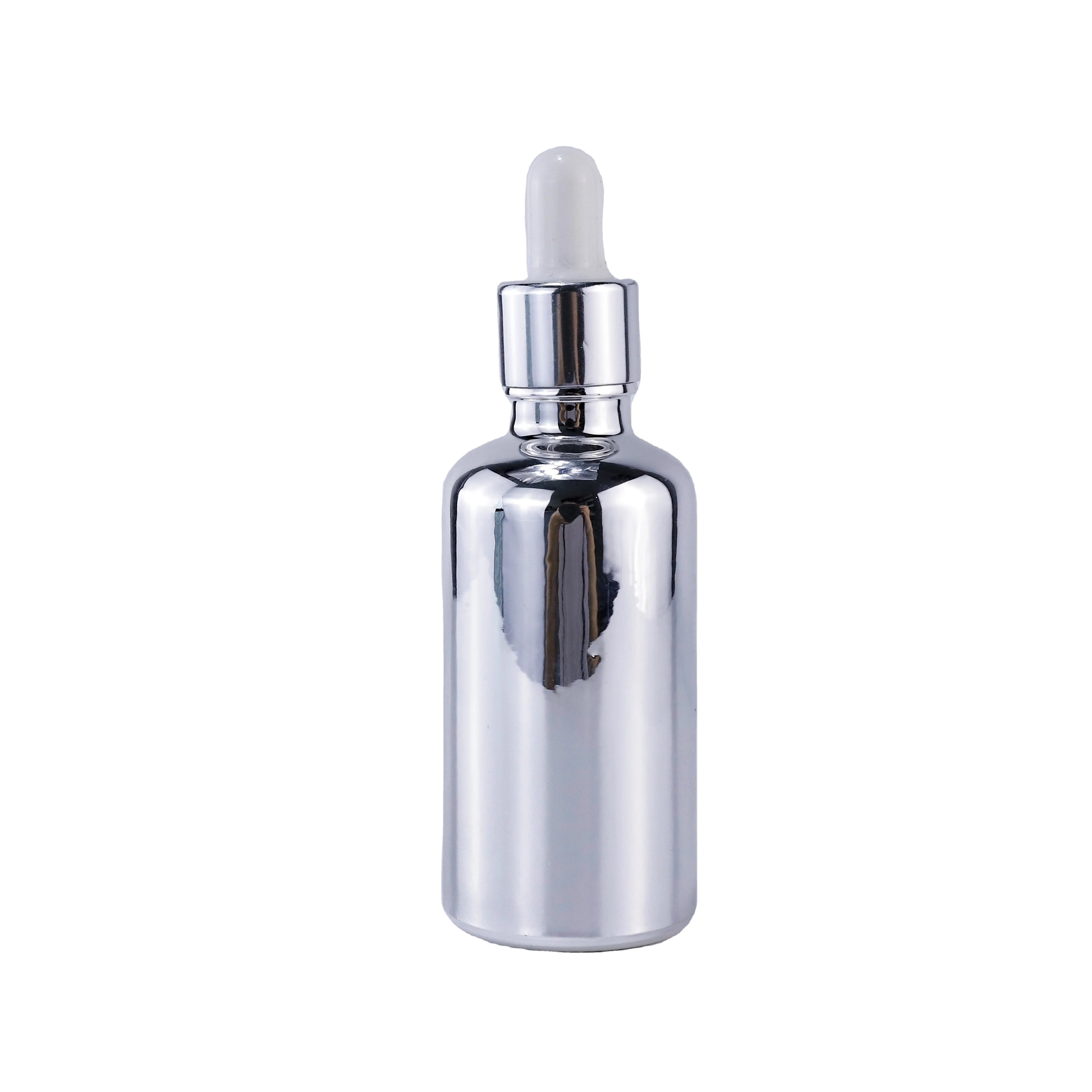 Luxury Cosmetic Packaging Essential Oil Small Round Empty Shiny Silver Gold Dropper Oil Bottle with Glass Dropper