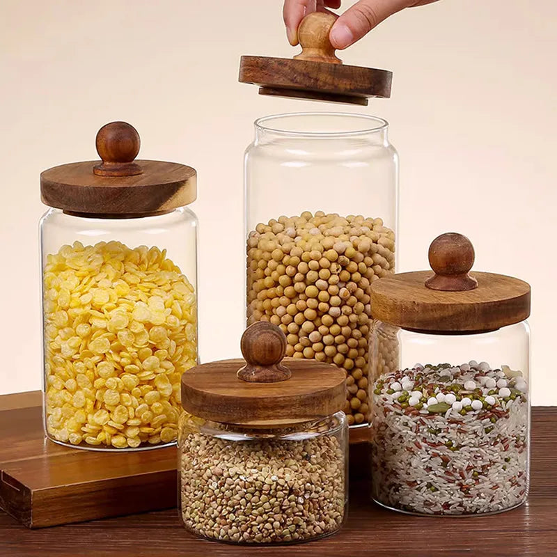 Round Airtight Coffee Tea Spice Glass Jar Kitchen Organizer Storage Bottles Sealed Glass Food Storage Jars