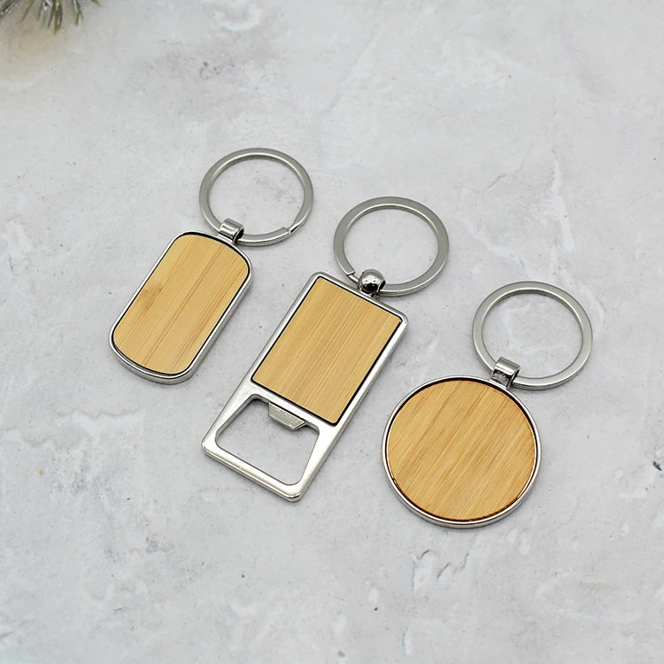 Wholesale Blanks Metal Key Chains Bamboo Round Keyring with Custom logo