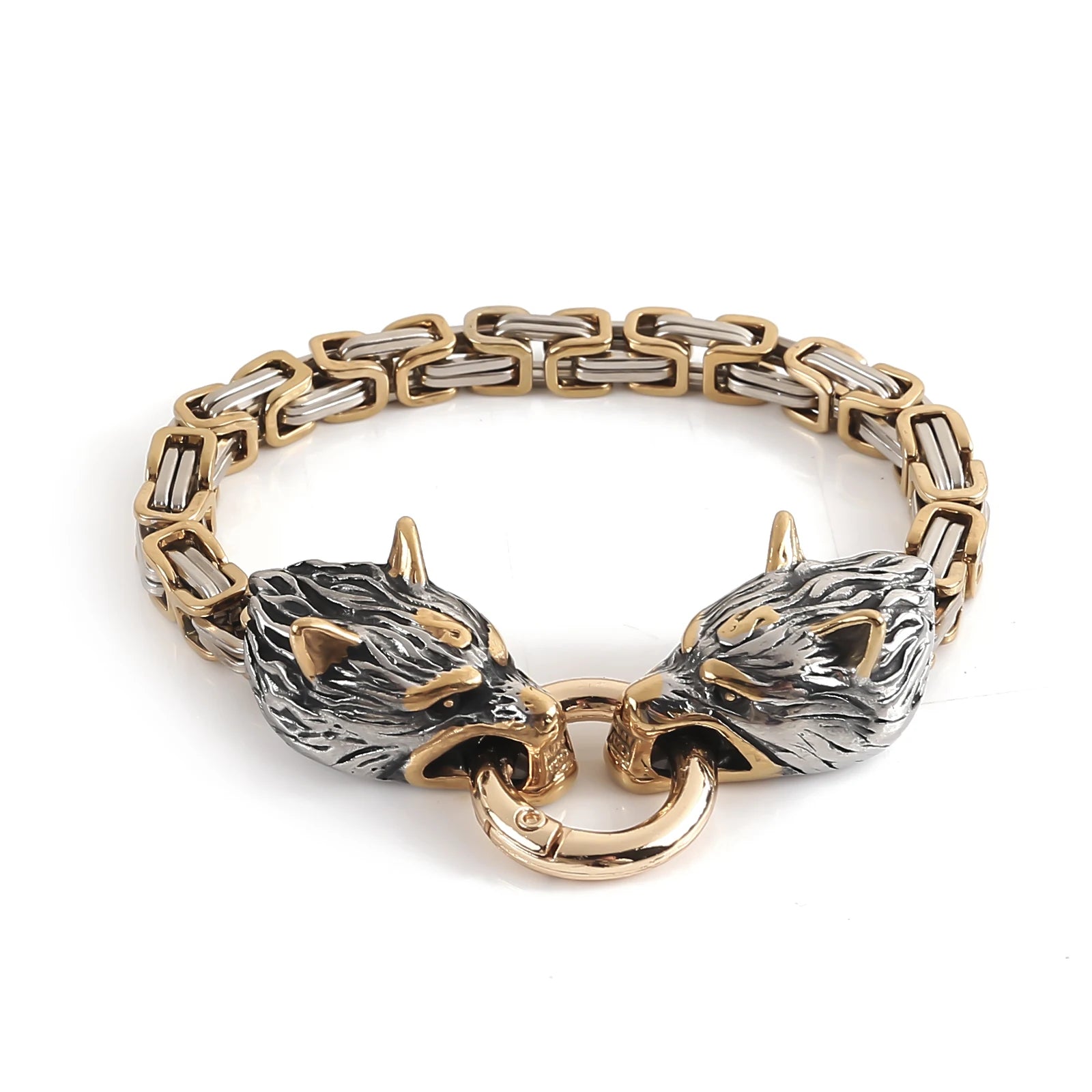 Gold Plated Stainless Steel Norse Wolf Wristband Mens King Chain Bracelet Viking Jewelry