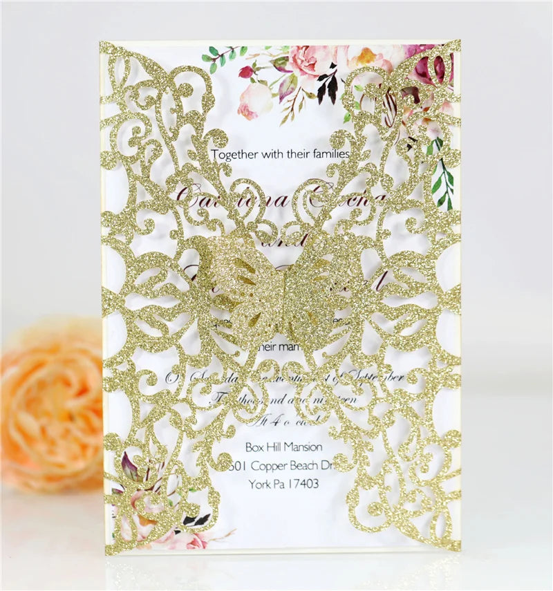 Elegant Laser Cut Gold Foil Glitter Invitaciones De Boda Bridal Shower Butterfly Flowers Wedding Invitation Card