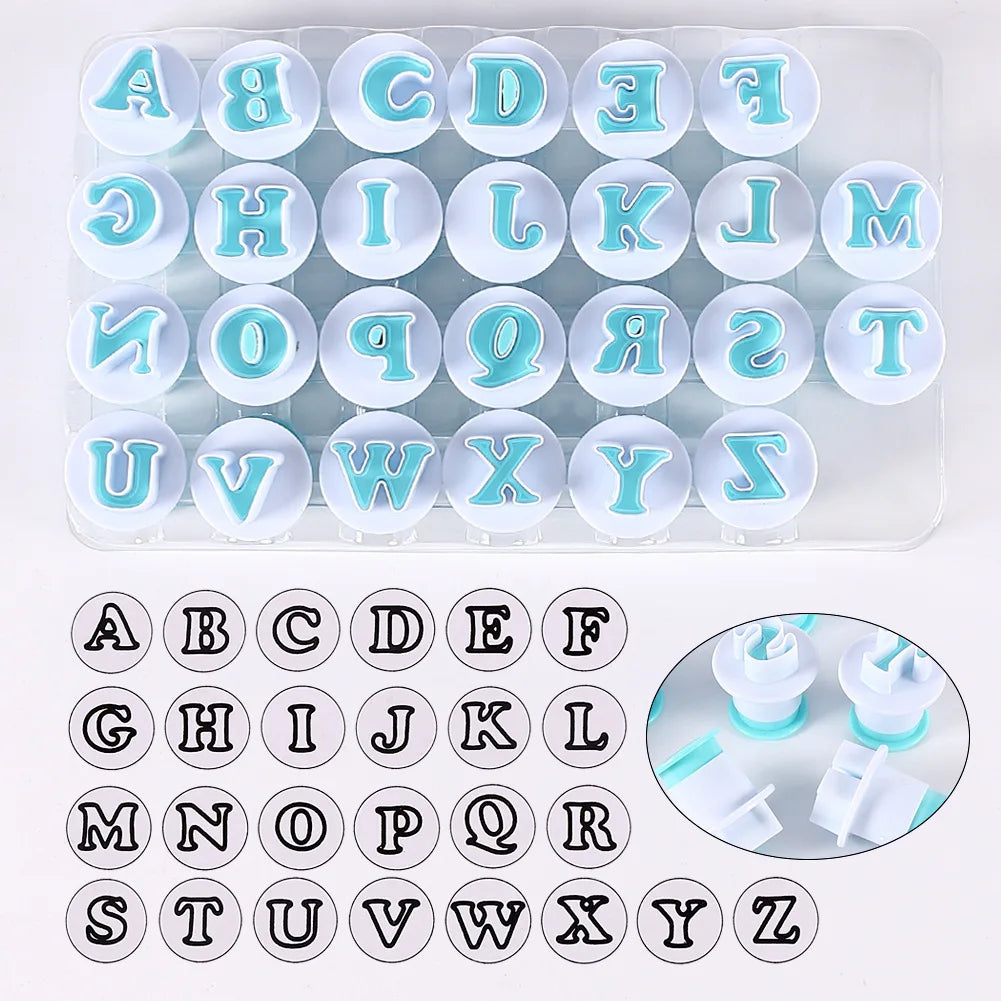 26 Alphanumeric Upper/Lower Case Plastic Baking Tool Biscuit Spring Press Mold for Flip Sugar Cake Printing Cake Tools