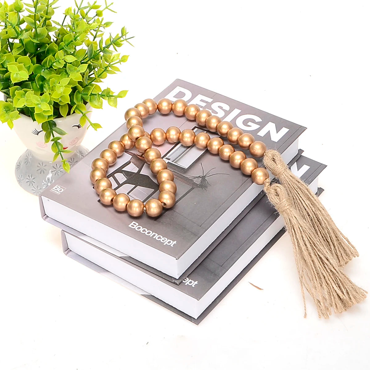 33 Inch Gold&Silvery Wood Bead Garland With 16mm Diameter Wooden Farmhouse Beads for Home Wall&Tiered Tray Decoration