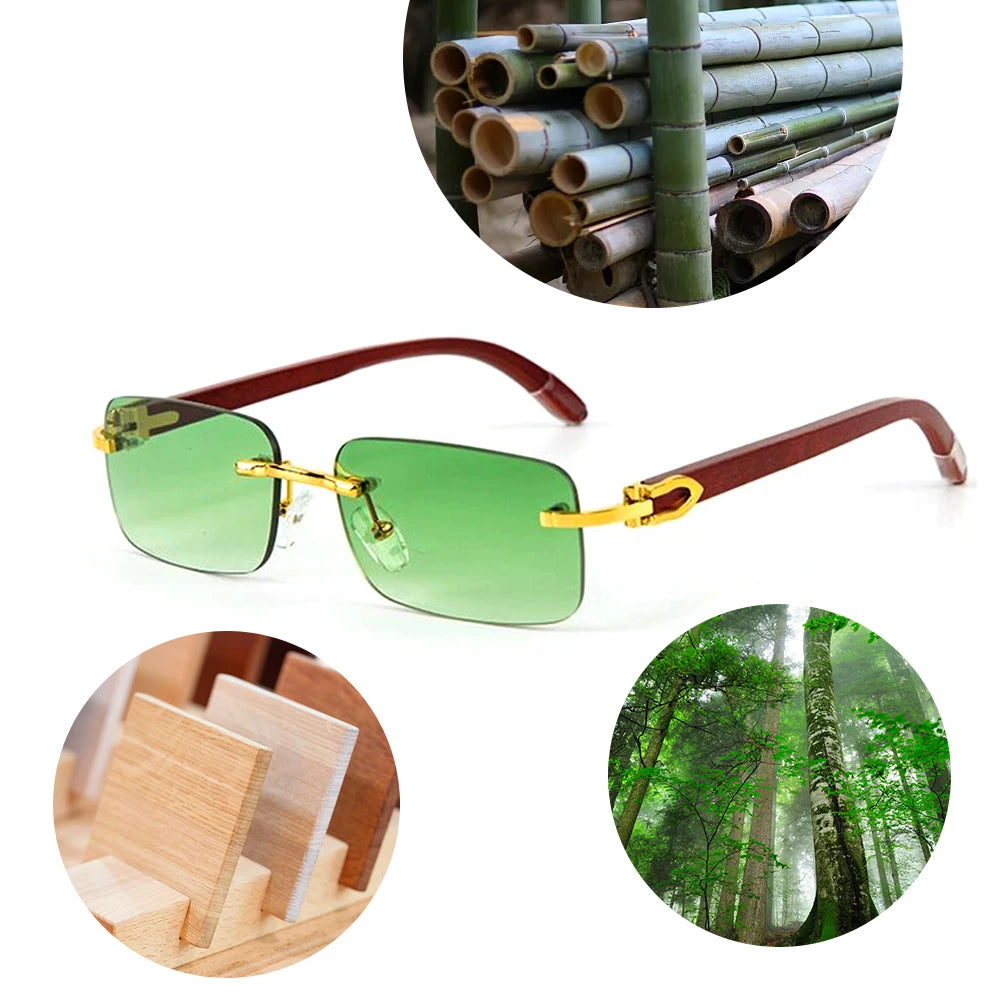 1016 Fashion Designer Eco Friendly Rectangular square Frameless Frame Wooden Temple Sun Glasses Sunglasses