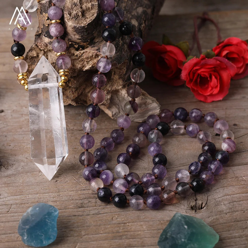 Purple Fluorite Mala Necklace Trendy Jewelry  Healing Crystal Double Point Pendant Sweater Necklaces