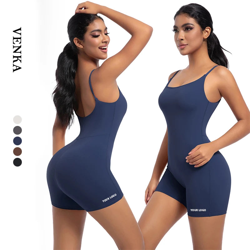 Custom LOGO Fitness Sports Gym Workout Short Bodysuit Sexy U Back Beautiful Back Push up One-Piece Gym Yoga Jumpsuit for Women