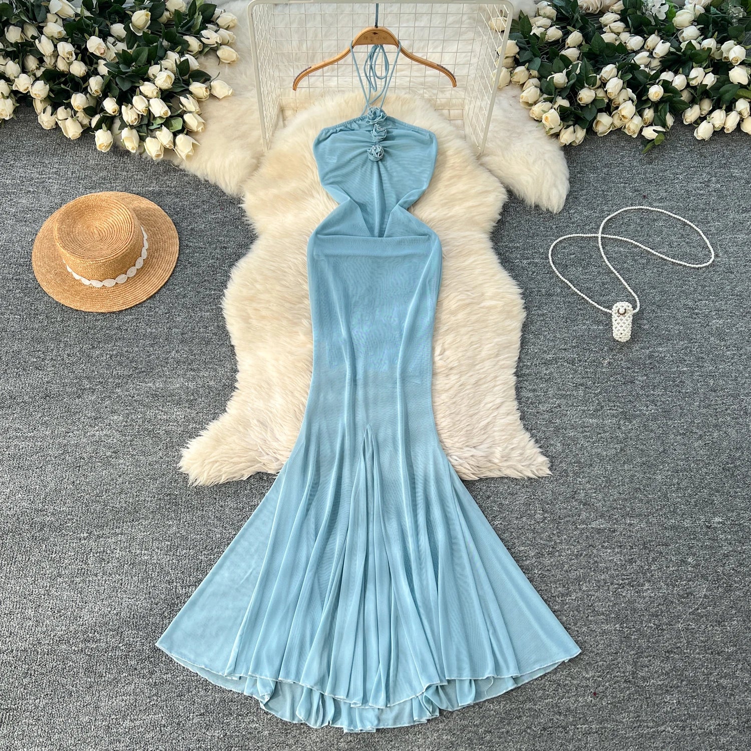 Holiday Wind Long Dress Pure Three-dimensional Flower Slim Dress