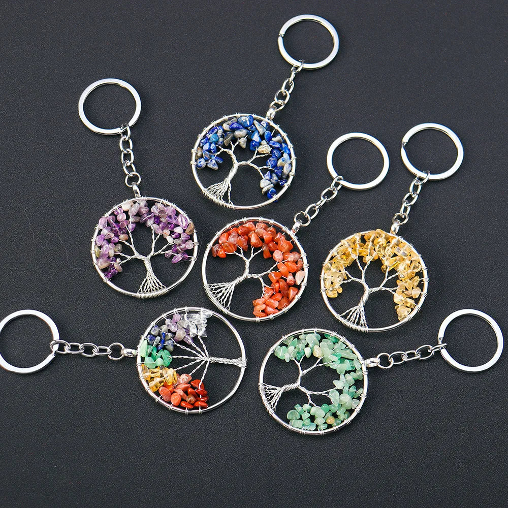 7 Chakra Stone Natural Crystal Chip Tree of Life Keychain Pendant Money Tree Key Ring