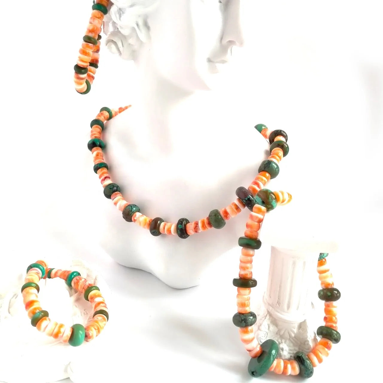 Spiny Oyster and Turquoise Necklace Bracelet and Earring Set