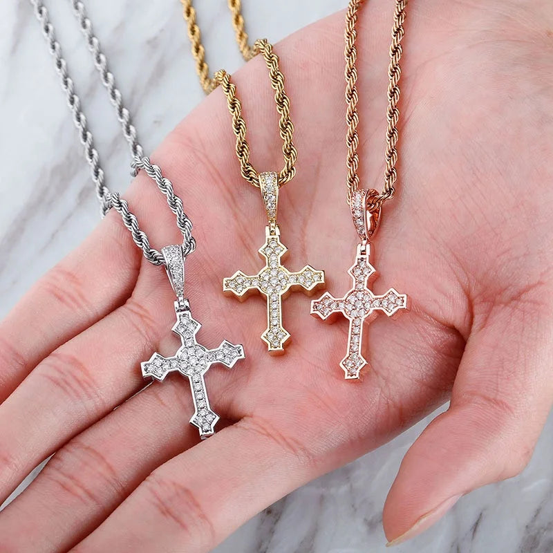 Hip Hop Iced Out Lab Diamond Cross Pendant for Women Men Brass Gold Plated Christian Jesus Crucifix Charm Necklace Gifts Jewelry