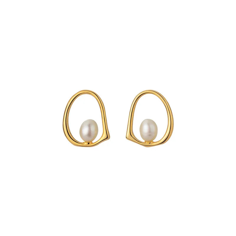 Daidan Earrings Sterling Silver Hollow Oval Womens Stud Irregular Pearl Stud Earring