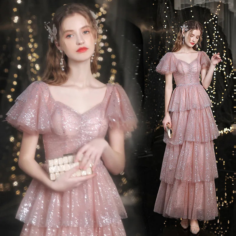 Elegant Sweet Hill Pink a Line Glitter Tiered Princess Party Wear Short Sleeves Ball Gowns Evening Prom Dresses