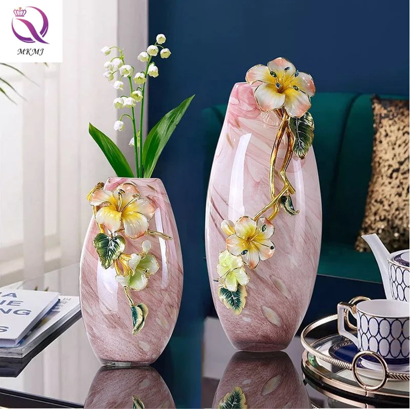 Elegant Modern Home Decoration Pink Cloisonne Vase Ornament Enamel Colored Pink Glass Flower Vase for Dinning Table Bedroom