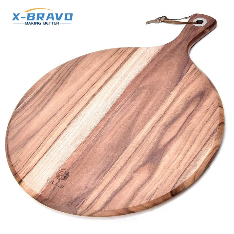 Acacia Wood Home Pizza Board Chopping Peel Wooden Cutting Round Baking Pizza Shovel