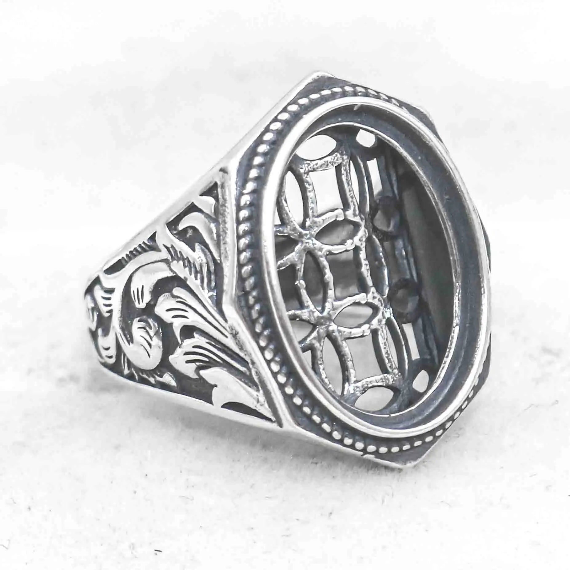 Sterling Silver 14*19mm Semi Mount Men's Ring Frame Empty Blank Bar Bezel Setting S925 Base Without Center Stone for DIY Inlay