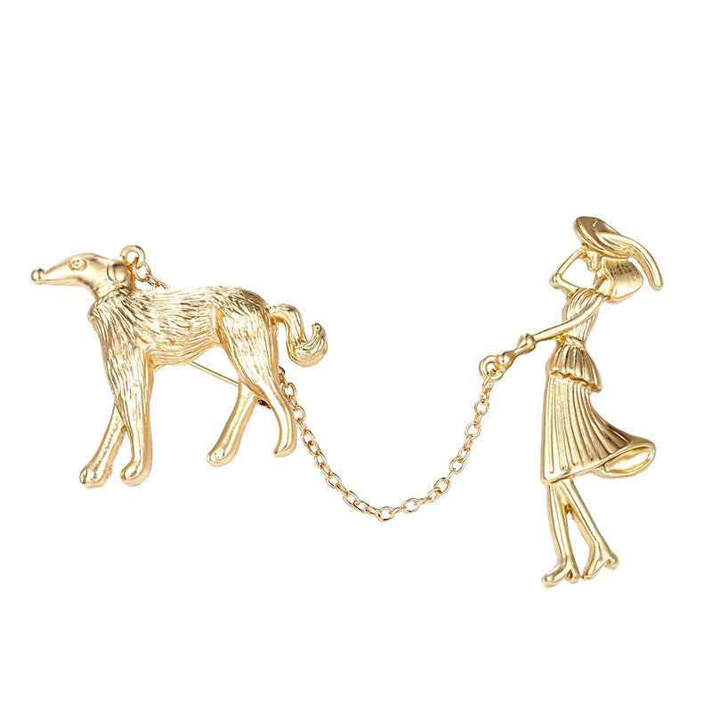 Weiman New Arrival Matte Gold Plated Walking the Dog Chain Brooch Pins for Women or Girls Apparel Jewelry Accessories MegaBDM