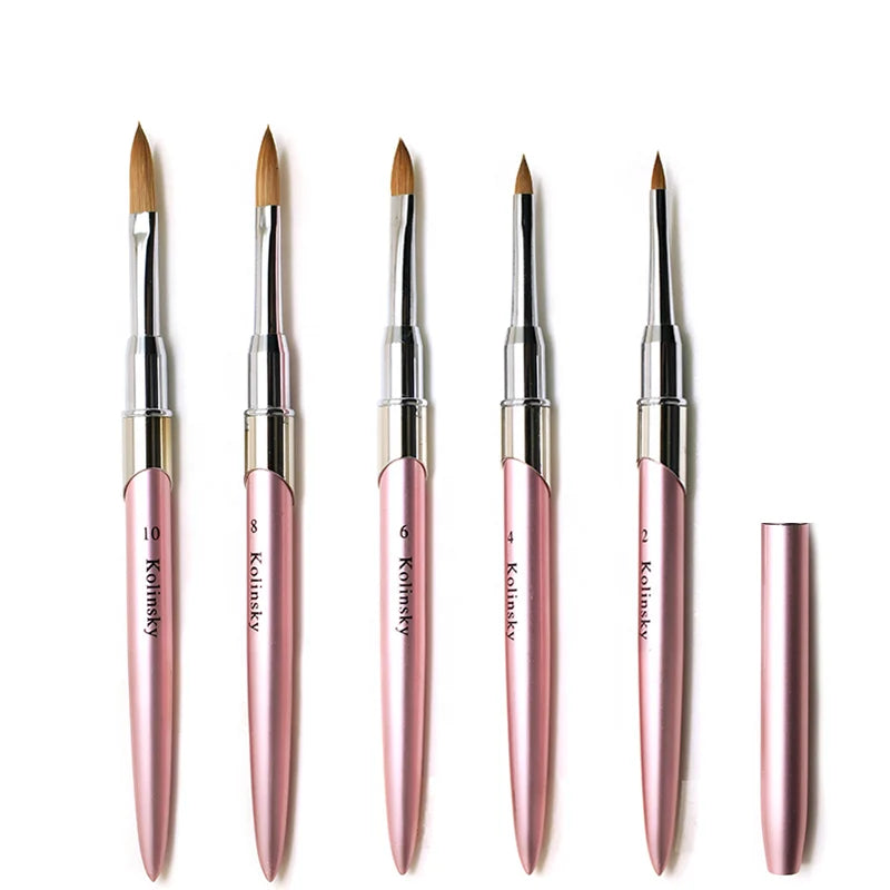 Wholesale 100 Pure Kolinsky Sable Acrylic Nails Flat Nail Art Brushes Brush With Pink Metal Handle Size#2 #4 #6 #8 #10 #12