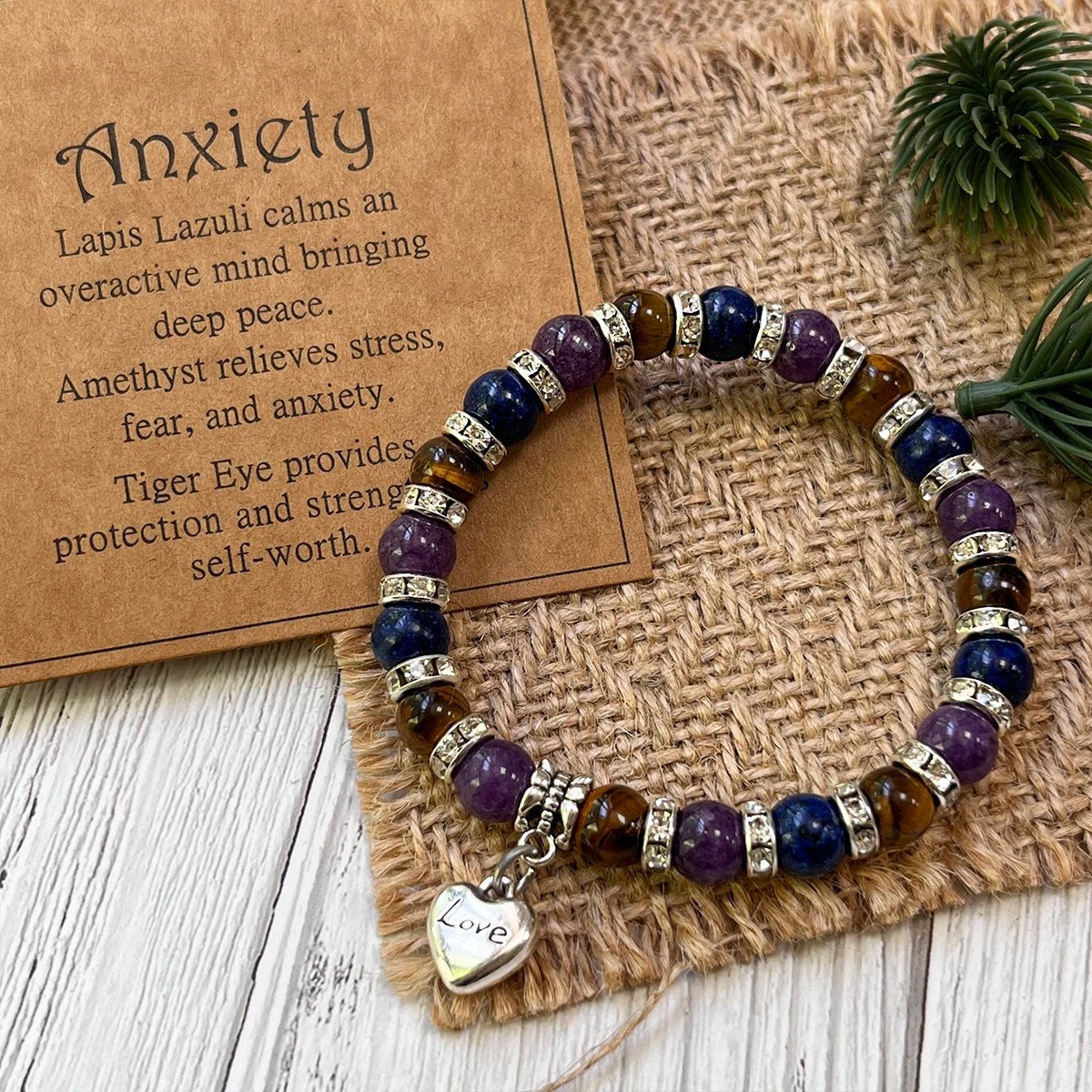 8mm Reiki Infused Calming Anxiety Healing Bracelet with Heart Pendant Chakra Yoga Positive Energy Bracelet With Card