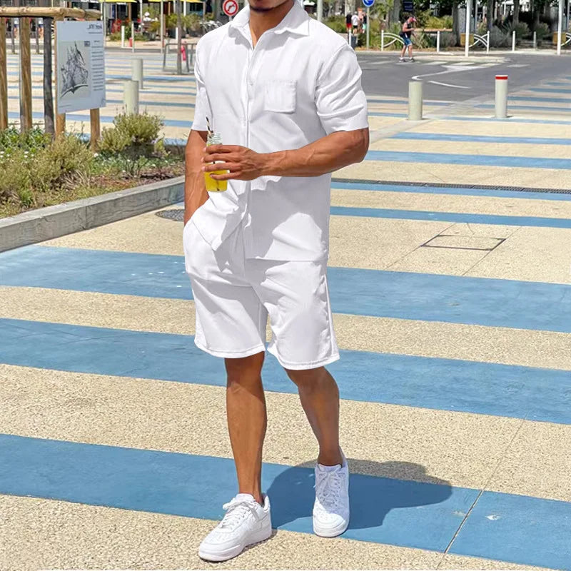 Wholesale New Fashion Summer Short Sleeve Shorts Set Linen Loose Style Solid Color White Black Grey Khaki Men's Suit