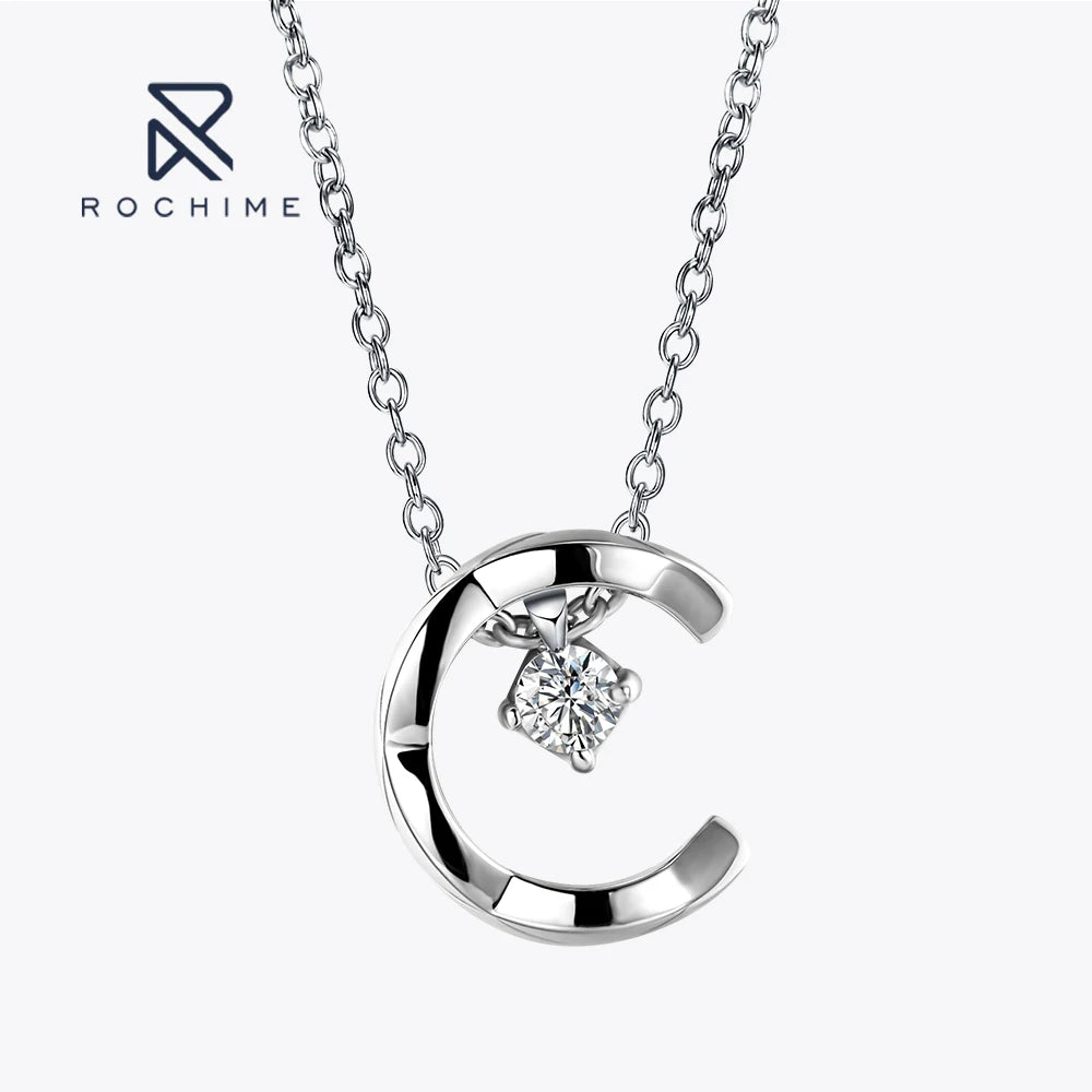 Rochime Rhombus Moon Pendant Necklace 925 Sterling Silver Rose Gold Rhodium Plated 5a Zircon Jewelry for Women