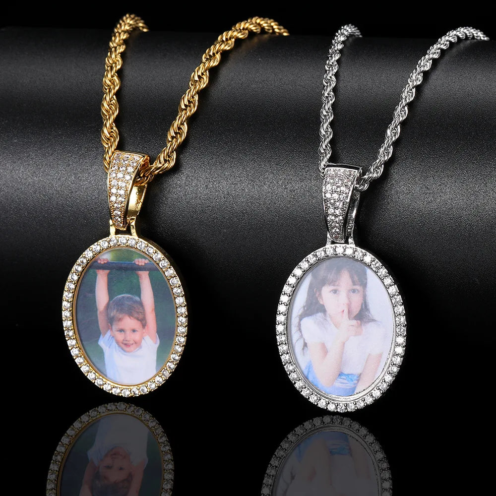 2025 New Oval Photo Frame Pendant Micro-zircon Hip Hop Necklace