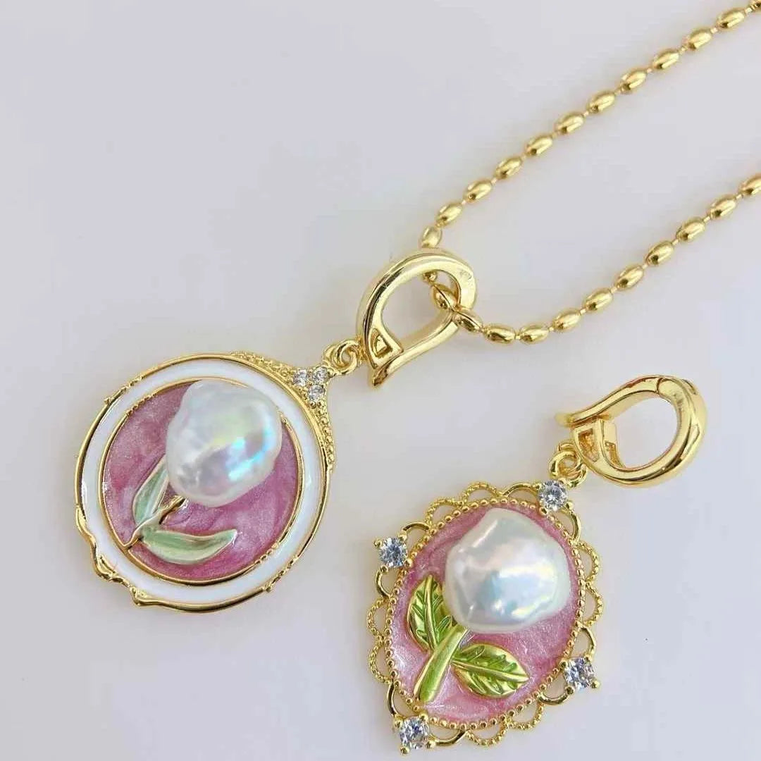 Artistic Retro Keshi Pearl Necklace with Universal Buckle Freshwater Baroque Oil Painting Pendant Universal Retro Style Necklace
